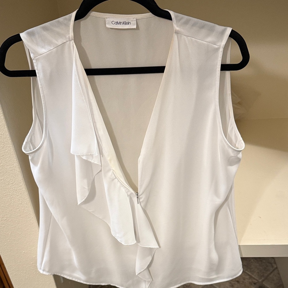 Calvin Klein Women's White Ruffle Front Blouse